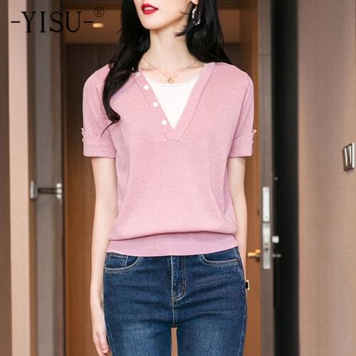 YISU Fake two-piece Summer Women Sweater O-Neck Solid color Knitted pullove Short sleeve Summer tops Female Casual Thin Jumper