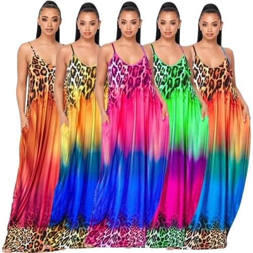 Women Maxi Dress Plus Size V Neck Gradient Leopard Print Strap Dress Ladies Summer Casual Baggy Beach Bohemian Maxi Dress Robe