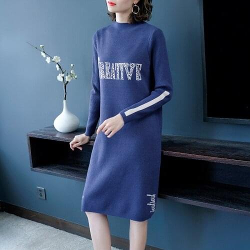 2019 Women Autumn Winter Dress Fashion Korean Loose Dress Knitted Long Sleeve Sweater Dresses Japanese Korean Style Dress AA5094