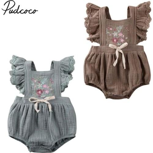 2020 Baby Summer Clothing Newborn Infant Baby Girl Clothes Ruffle Sleeveless Romper Jumpsuit Embroidery Floral Outfit