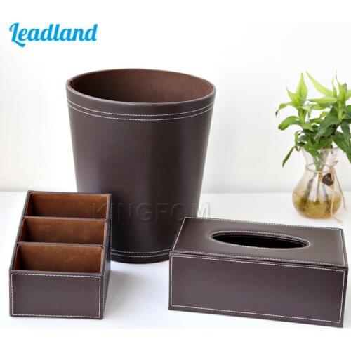 3pcs PU Leather Office Supplies Desk Sets Includes Controller Storage Box Tissue Box Trash Bins T78