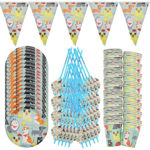 40pcs/lot Dog themed Party kids favers Party Disposable Supplies Banner Paper Plate cups straws Set Birthday party Decorations