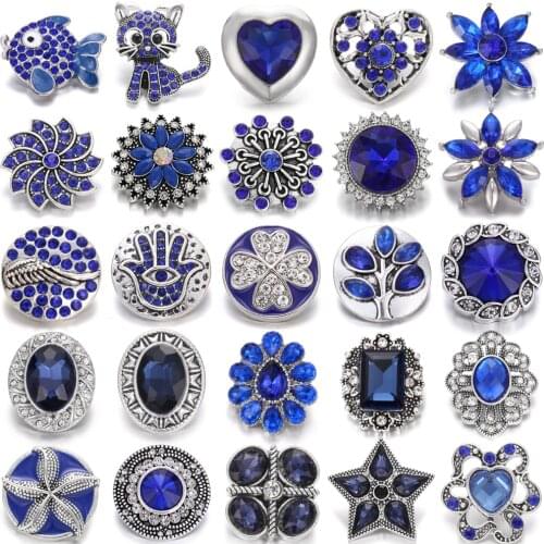 6pcs/lot Snap Button Jewelry Blue Rhinestone Flower Snap Buttons Fit 18mm Snap Bracelets Bangles DIY Jewelry