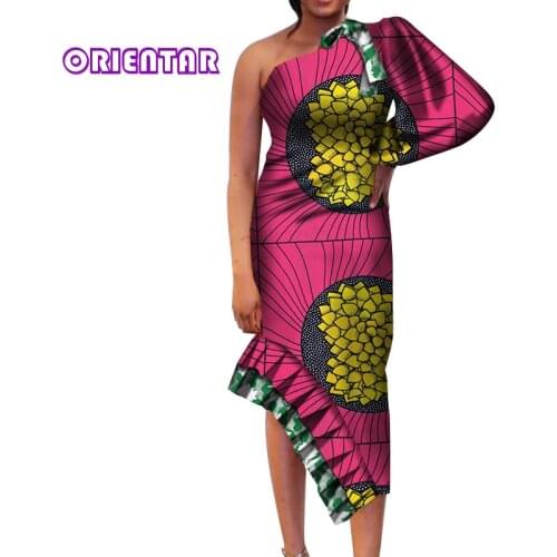 Asymmetric One Shoulder Ankara Dresses Women African Wax Print Evening Party Dress Lady Bazin Riche Africa Midi Dress WY5234