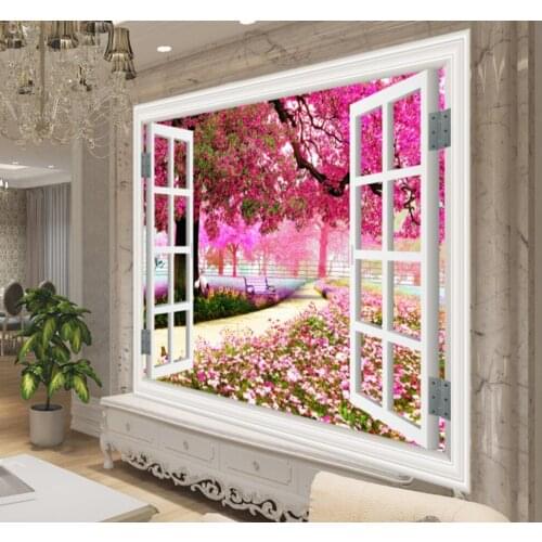 Free Shipping Custom 3d Wallpaper Blooming Living Room Scenery TV Background Wall Window Quiet Trail Girl Bedroom Wallpaper
