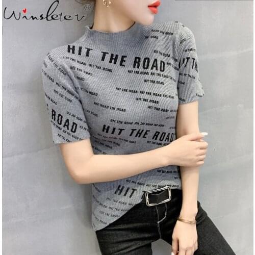 Summer European Clothes Knit T-Shirt Fashion Sexy Letter Women Tops Short Sleeve Elastic Slim Bottoming Shirt Tees New T13409A
