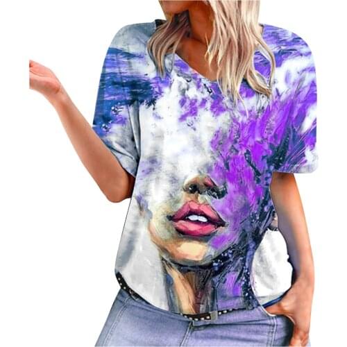 Harajuku T Shirt Women Womens Short-sleeved 3D Pattern Tops Fashion Loose Pullover V-neck Blouse Blusas Mujer De Moda 2021