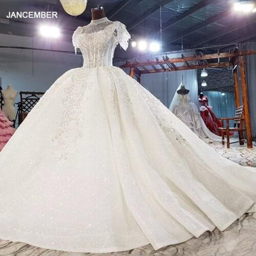 HTL1879 Luxurious Elegant Charming High Neck Crystal Beading Wedding Dress 2021 Ball Gowns Short Sleeve