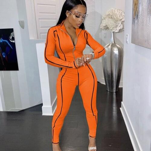 Striped Front Zipper Long Sleeve Jumpsuit Women Sportwear Workout Activewear Fitness Casual Rompers Skinny One Piece Overalls