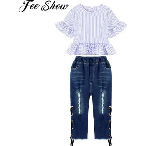 Toddler Kids Baby Girls Clothing Set Summer Children Ruffle Short Sleeve Stripe T-shirt Tops + Ripped Jeans Trousers Outfits