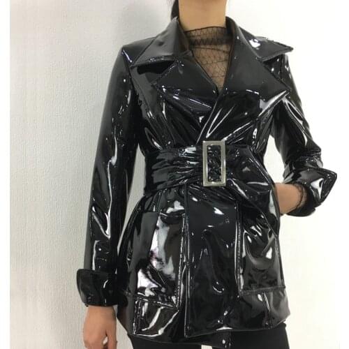 2020 Spring Autumn New Medium Long Belt Patent Leather Coats Female PU Leather Jacket BF Motorcycle Jackets Black A86