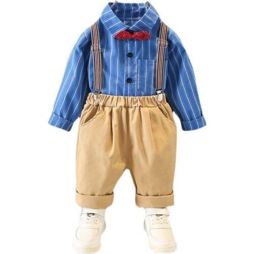 Fashion Spring Autumn Baby Boys Outfits Children Cotton Casual Shirt Strap Pants 2Pcs/Set Toddler Gentleman Costume Kids Clothes