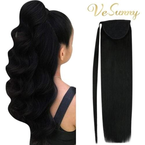 VeSunny Ponytail Extensions Wrap Around Magic Tape 100% Machine Made Remy Human Hair Natural Black #1 80g/set