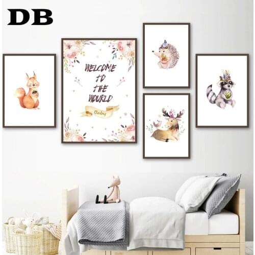 Squirrel Elk Raccoon Flowers Quotes Wall Art Canvas Painting Nordic Posters And Prints Nursery Wall Pictures For Kids Room Decor