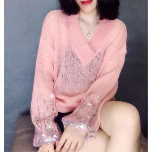 2020 Spring and Autumn New Sequins Lantern Sleeve Mohair V-neck Sweater Knitwear Loose Lazy Style Casual Womens Thin Pullover