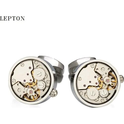 Newest Functional Watch Movement Cufflinks For Mens Stainless Steel Silver Color Steampunk Gear Watch Mechanism Cuff links