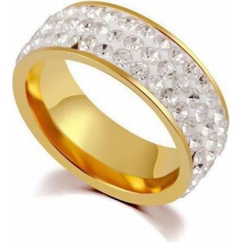 Wholesale Jewelry -- Titanium steel 3 Row Lines Crystals Rings Gold Color for Women Men No Fade