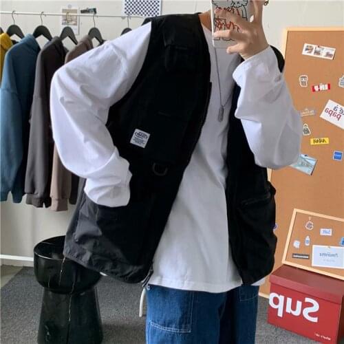 Autumn mens trend all-match vest personality multi-pocket outer black tooling vest sleeveless jacket