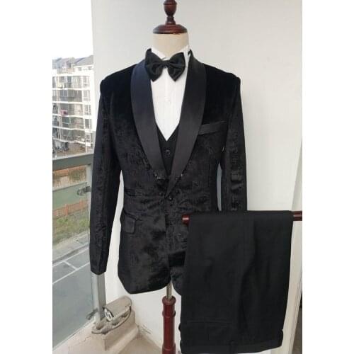 Flannel with pattern groom tuxedo shawl lapel mens business suit wedding party dinner three-piece suit jacket (jacket + pants