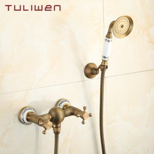 Totally Brass Bathroom Shower Faucet Wall Mount Cold Hot Mixer Handheld Shower head Antique Brass Style