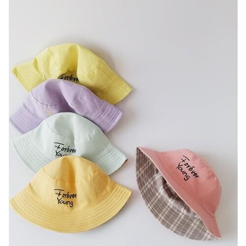 Spring Summer Letter Embroidery Plaid Double Faced Baby Sun Hats Kids Boys Girls Beach Caps Autumn Cotton Fisherman Hat