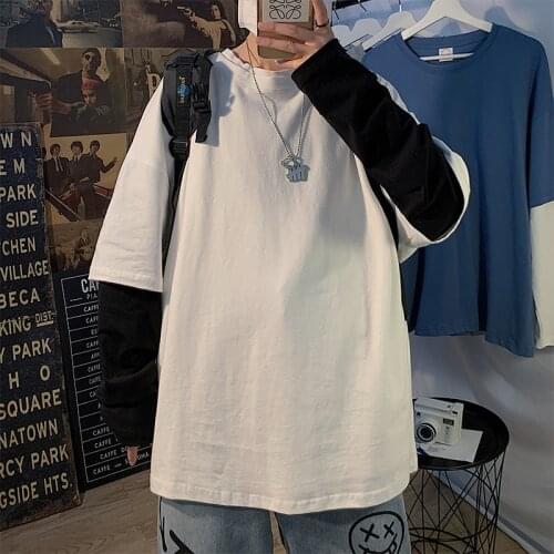 Hip Hop Streetwear 2021 Autumn Spring Fashion Oversize Fake Two Pieces Tshirt Mens Long Sleeve Casual T-Shirt For TOP TEES