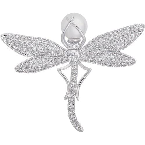 YAN MEI New Dragonfly Brooches Silver Plated CZ Zirconia Corsage Breastpin Lapel Pins Fashion Jewelry With Pearl GLX0131