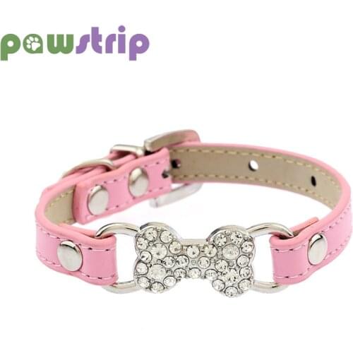 Pawstrip 5 Colors Bling Rhinestone Small Dog Collar PU Leather Cat Collar Chihuahua Yorkie Teddy Pet Leads Solid Pet Collars S/M