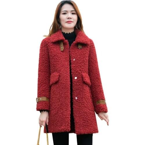Womens Lamb Fur Coat Autumn Winter New Fashion red Particle fleece Faux Fur Coat Female Mid-length warm casual lamb Coat T378