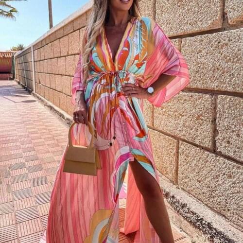 Beach Dress Printed Split Hem Women Deep V Neck Waist Tie Button Dress 2021 New Ladies Summer Boho Long Dresses Womens Clothing