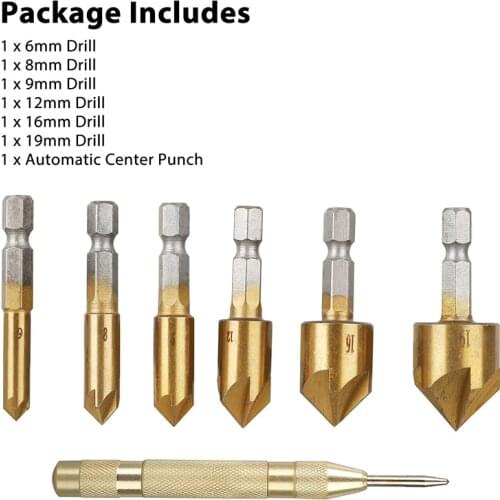 7PCS 6-19mm Hex Shank 90 Degree Wood Chamfering Cutter Industrial Countersink Drill Bit with Center Punch Chamfer Tool