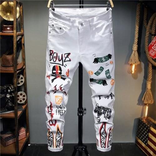 Pants For Men Jeans Jean Homme Printing Denim Trousers Biker High Quality Male Casual Designer Comfortable Advanced White Skull
