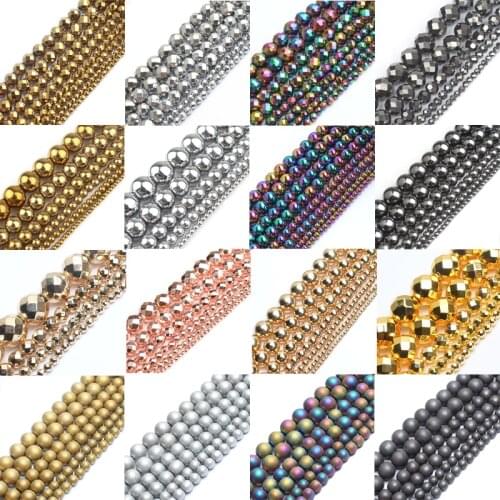30 Style Natural Stone Bead Gold Rainbow Rose Gold Silver Color Hematite Round Beads For Jewellery Making Bracelet Necklace 15