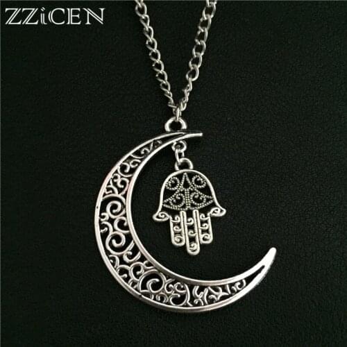 New Fashion Long 70cm Metal Sweater Chain Antique Fatima Hand Hollow Crescent Moon Hamsa Hand Palm Pendant Lucky Necklace