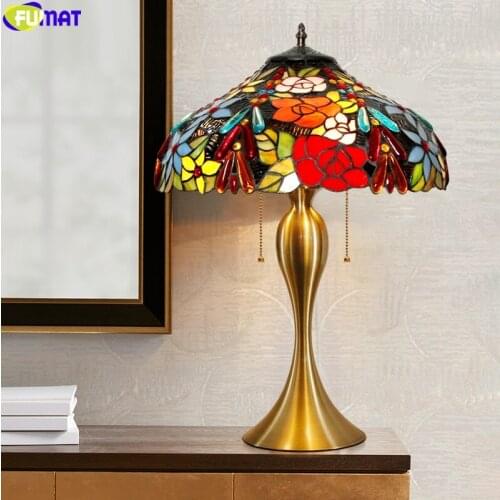 FUMAT Tiffany Vineyard Table Lamp Grape Flower Stained Glass Desk Light Decorative Classical Style Handicraft Colorful Lighting