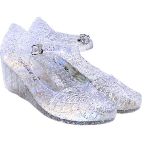 Hot sale womens summer crystal sandals non-slip hollow shallow buckle wedge sandals plastic casual shoes