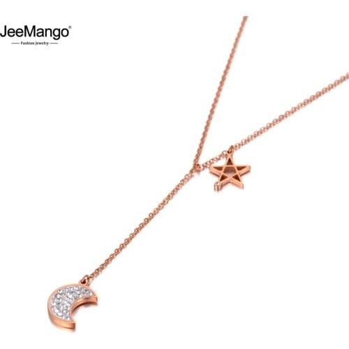JeeMango 316L Stainless Steel CZ Crystal Moon Star Pendant Necklaces Neo-Gothic Chain Link Choker Necklace For Women JN20064