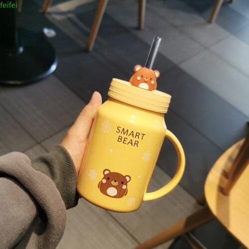 Lovely Ceramic Mug with Cover Straw Cup Girl Heart Student Han Feng Childrens Water Cup Household Straw Cup Creative Coffee Cup