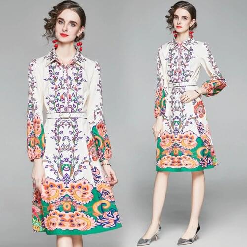 Fashion Designer Floral Print Lantern Sleeve Office Lady Knee-Length Dress Women Elegant Bodycon Dress Vintage Europe America