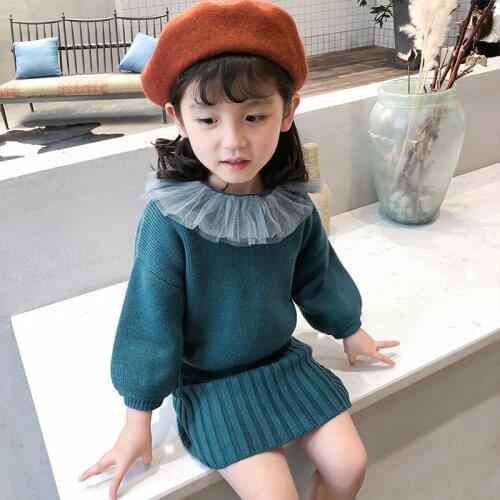 Fashion Knitting Pullover Spring Winter Girls Dresses Suits Two Piece Teenagers Toddler Children Clothes School Uniform Dresses