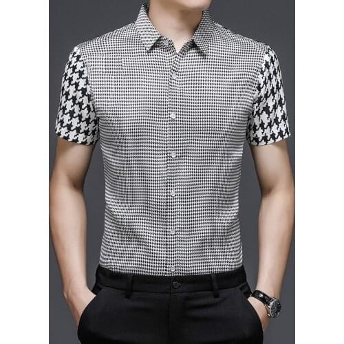 Houndstooth Black White Plaid Printed Mens Oversized Work Shirts Mens Large Size 2021 Summer Fashion Check Clothing Social Dress