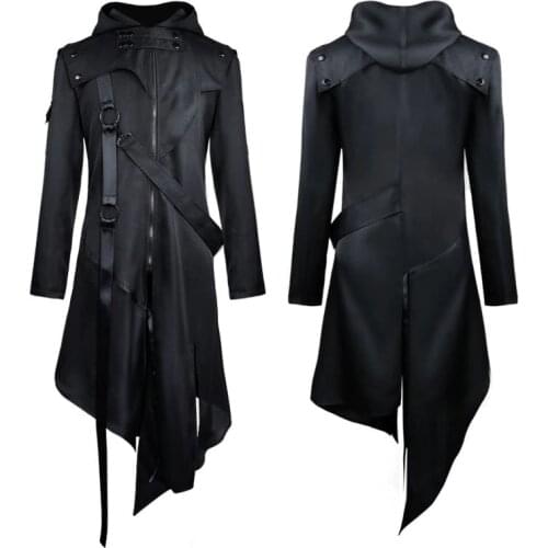 Men Black Medieval Retro Trench Coat Cosplay Halloween Punk Steam Game Performance Prop Costume Autumn Winter Hooded Jacket