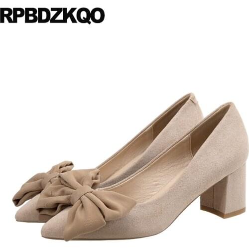 Chunky nude suede 2019 bow black chic slip on sweet pumps high heels size 4 34 thick pointed toe elegant women shoes ladies