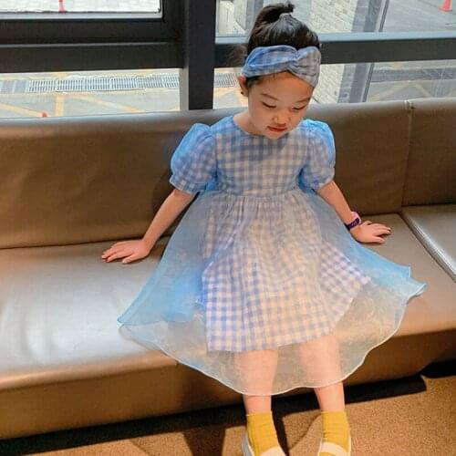 Summer New Girls' Dress Bow Puff Sleeve Lattice Gauze Hazy Princess Dress+Headband ChildrenS Baby Kids Clothing For Girls