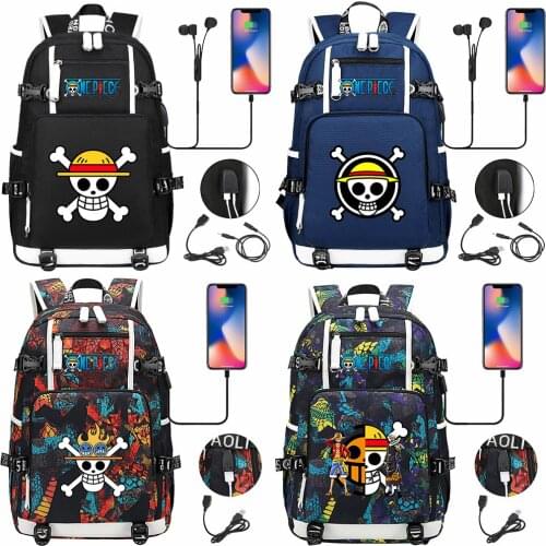 New One Piece Skull Prints Boys Girls Kids School bag Women USB Laptop Backpack Canvas Men Bagpack Packsack Bookbag