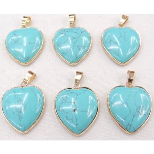 Wholesale 10pcs/lot Natural stone Turquoises 25mm heart shape gold side pendants for Diy jewelry making Necklace pendant free