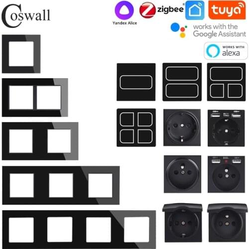 COSWALL Black Glass Panel Zigbee 3.0 Tuya 1/2/3/4 Gang Switch With Normal EU Socket USB Charger TV RJ45 Modules DIY
