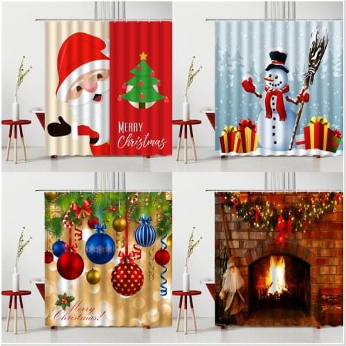 Merry Christmas Shower Curtains Santa Snowman Rope Ball Fireplace Polyester Home Bathroom Supplies Party Decor Washable Fabric