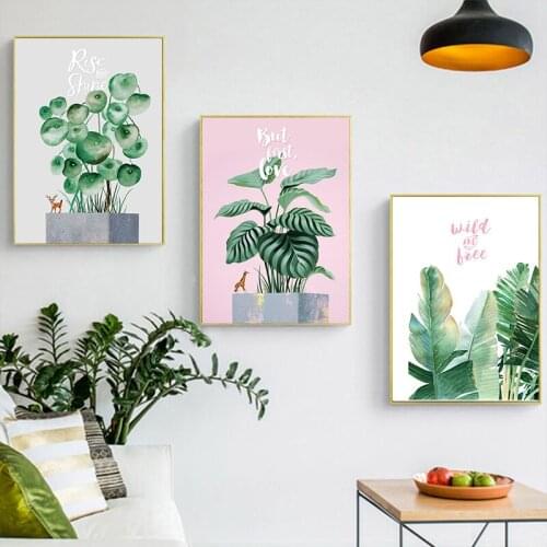 Nordic Green Leaf Giraffe Deer On The Flower Pot Creative Wall Art Picture Canvas Painting Prints Poster Living Room Home Decor