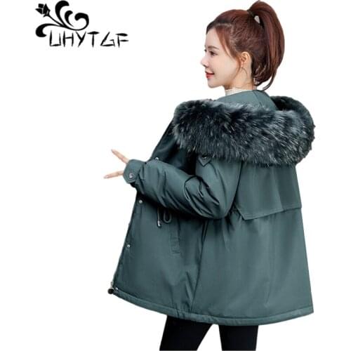 UHYTGF Cotton Parker Parka Jacket Women Plus size Outerwear Fur Collar Hooded Long Coat Winter Jacket Women Chaqueta Mujer 910